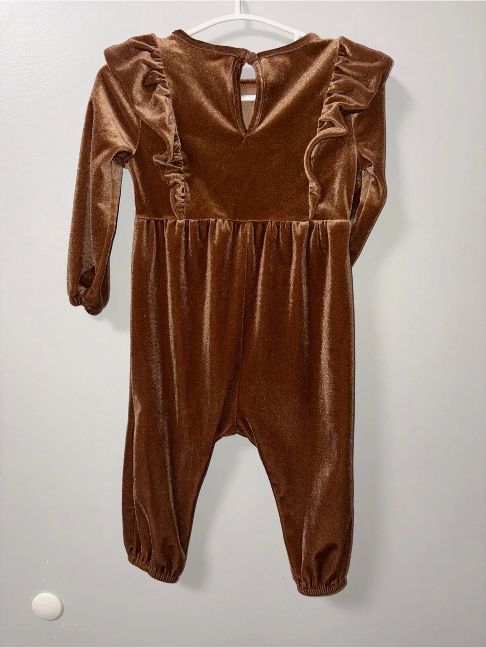 Old Navy Brown Crushed Velvet Ruffle Accent Long Sleeve Romper Girls 12-18M